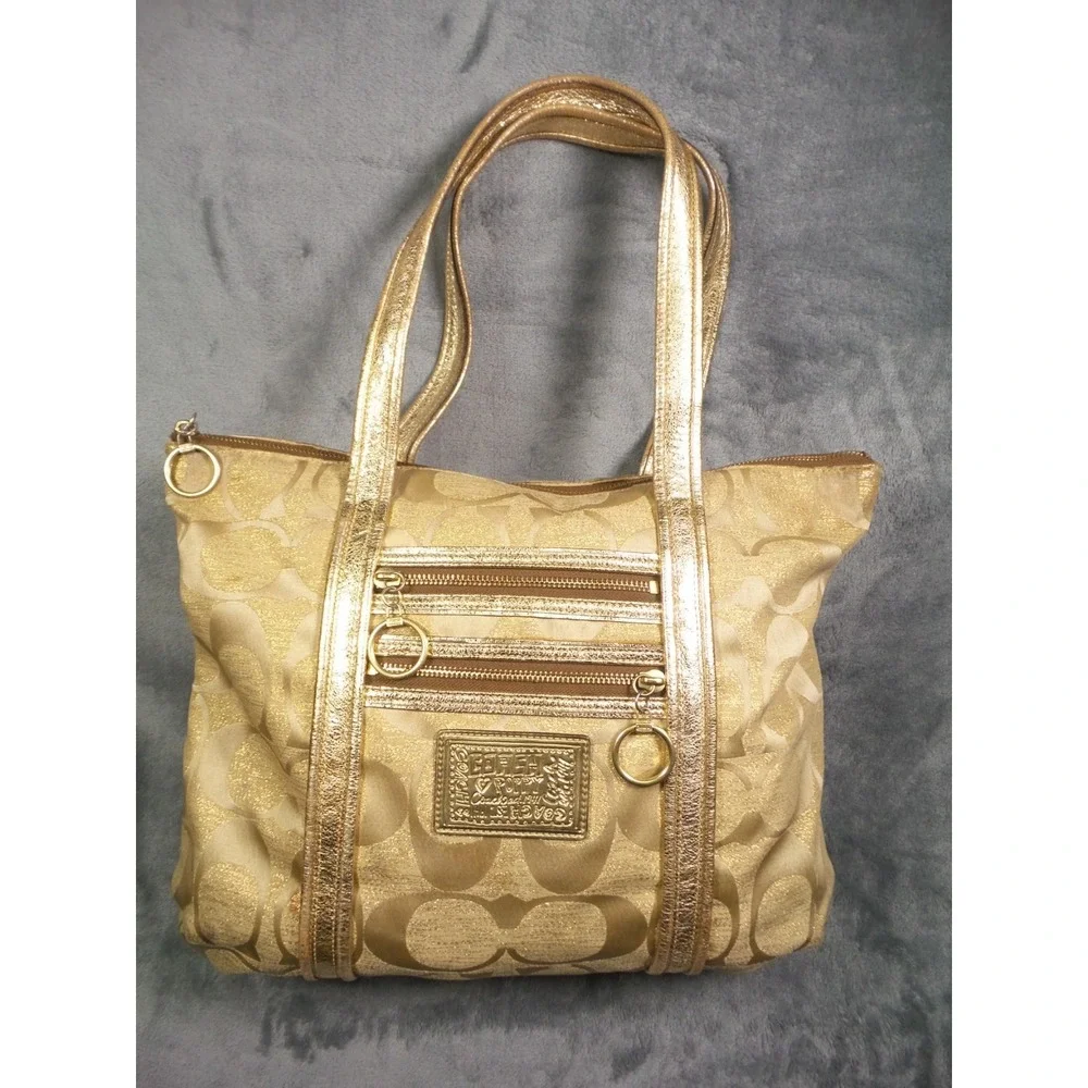 Coach Poppy Op Art Glam Tote Bag Gold Brown Classic Signature Canvas C